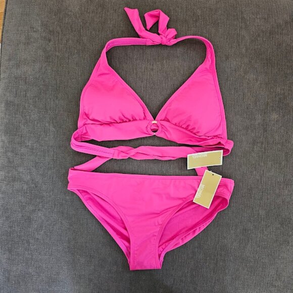 Michael Kors Women's Pink gold logo Halter 2 PC Bikini Swimsuit  Set Size Xl - Picture 1 of 7